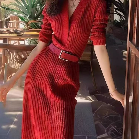 Chic V-Neck Winter Dress