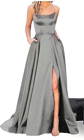 Elegant Spaghetti Strap Satin Evening Dress with High Slit