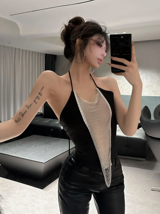 Glam Rhinestone Tassel Halter Mini Dress