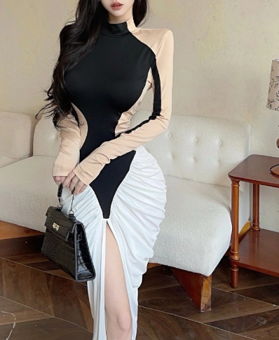Sexy Long Sleeve Ruched Split Dress