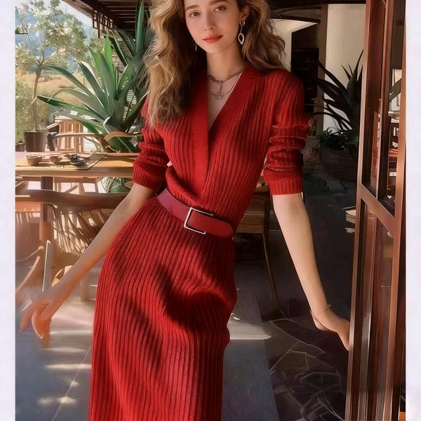 Chic V-Neck Winter Dress