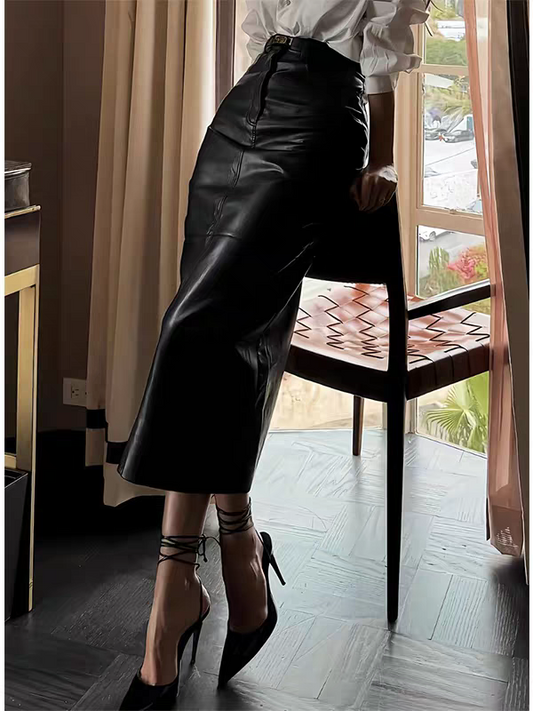 Chic Blouse and High-Waisted Leather Skirt Set